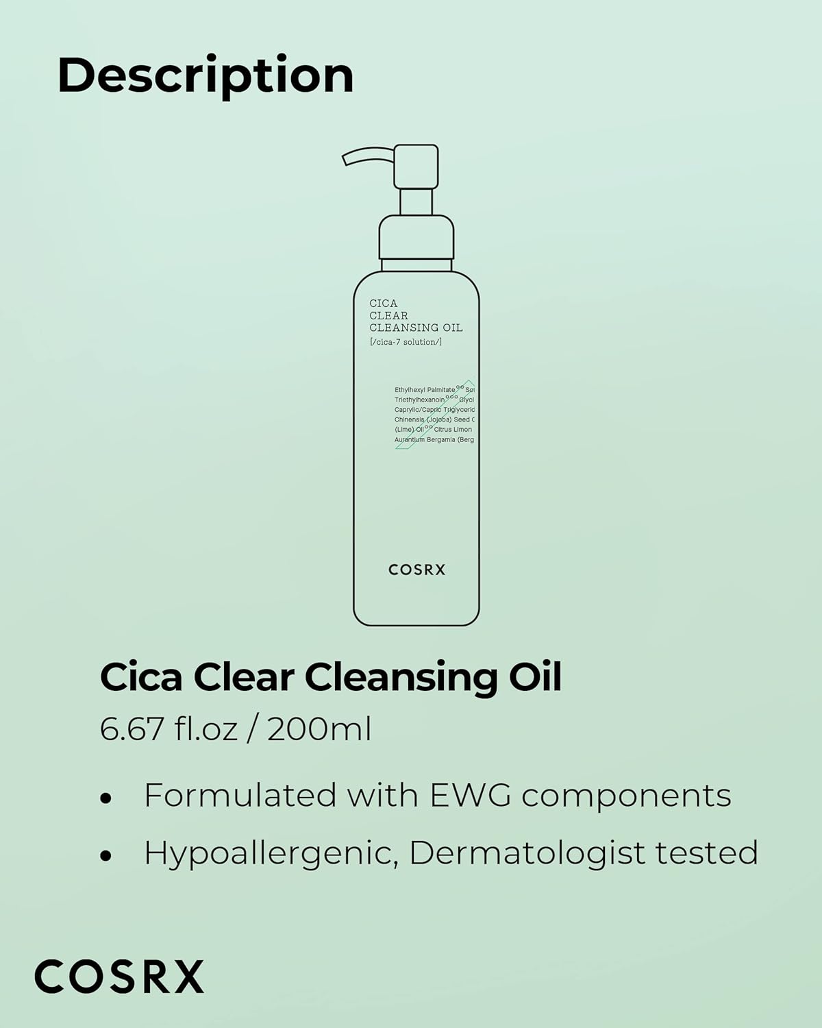 COSRX Pure Fit Cica Cleansing Oil, 6.76 fl. oz / 200ml - Purifying Light Oil for Sensitive Skin