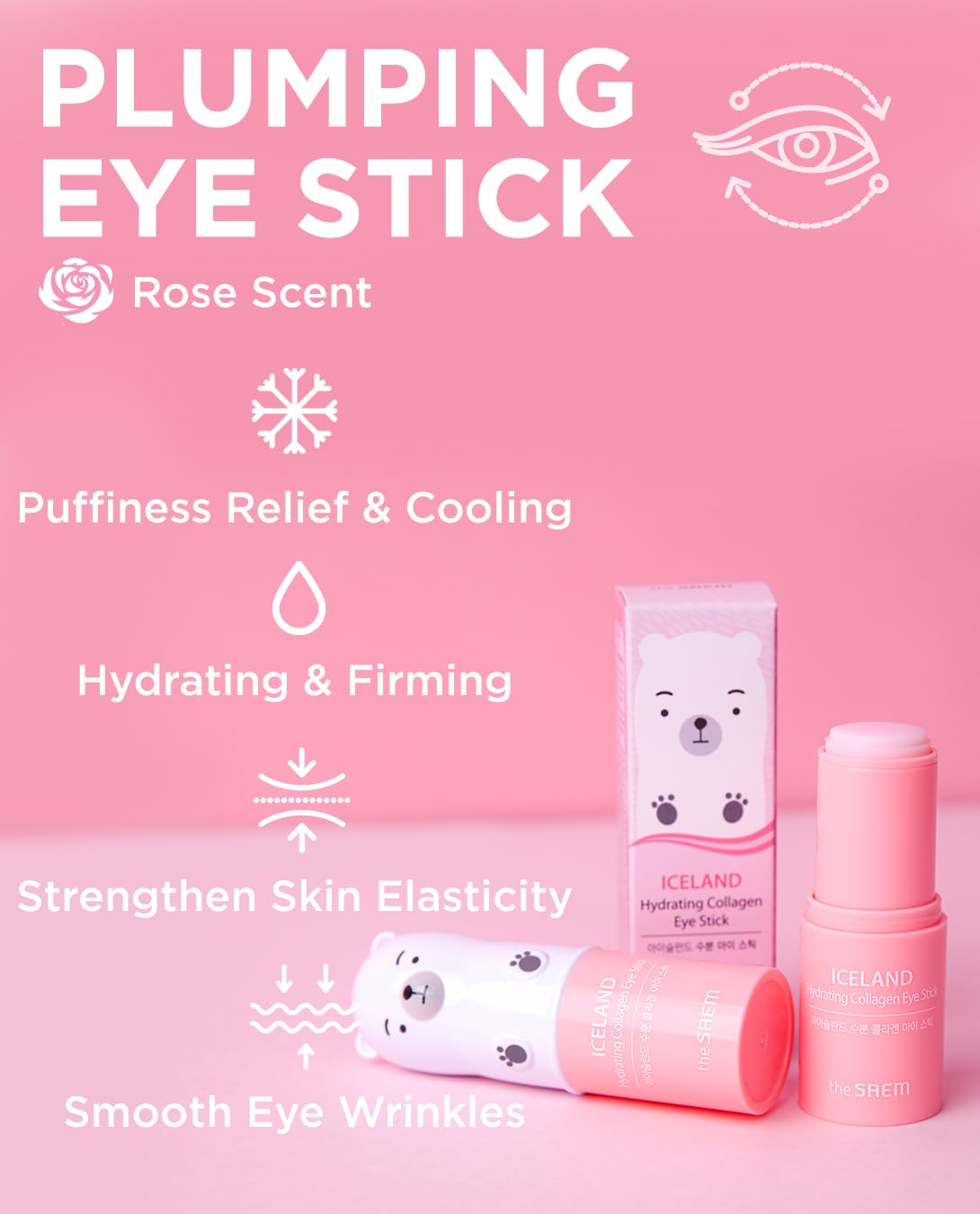 The SAEM Iceland Hydrating Collagen Eye Stick 0.24 oz – Anti-Wrinkle Moisturizing Eye Balm for Under Eye Treatment – Smooths Saggy Skin Texture with Rose Scent