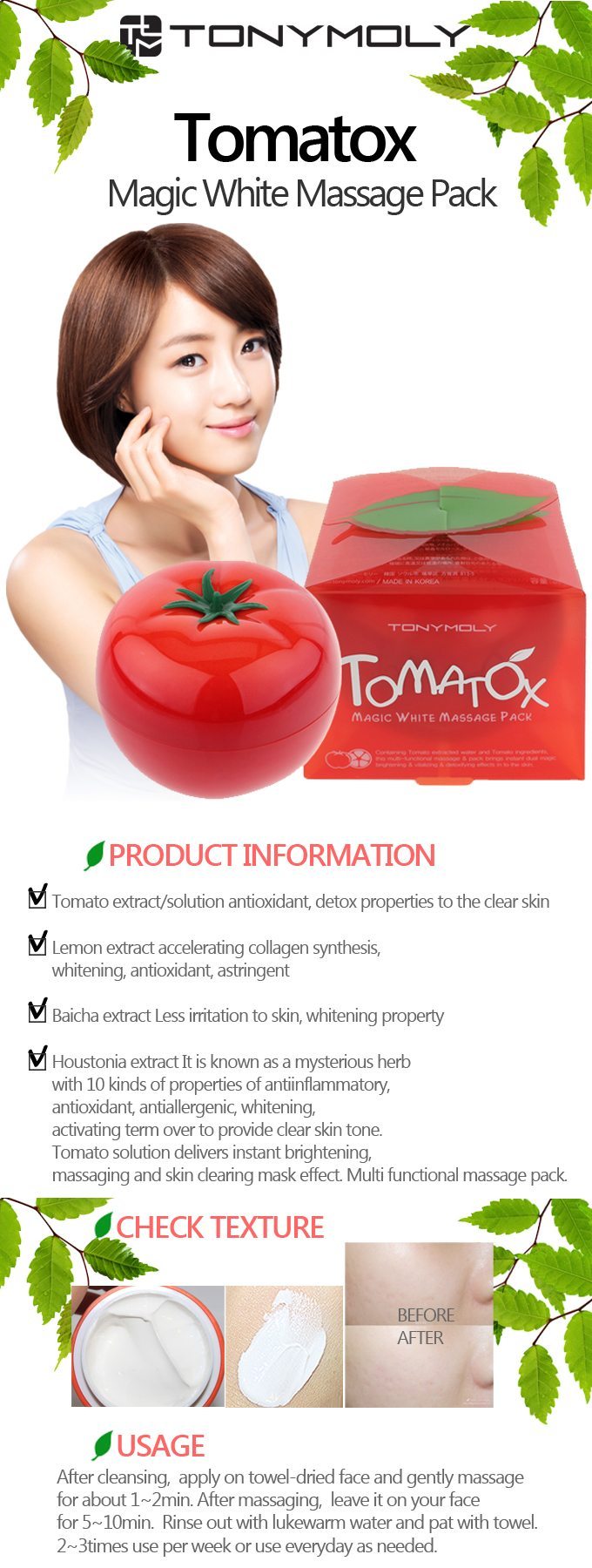 TONYMOLY Tomatox Magic Massage Pack - Brightening & Detoxifying Facial Mask, 80g